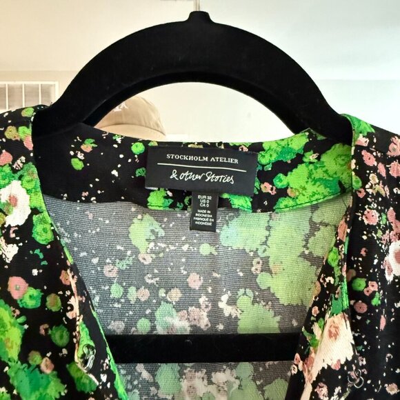 & Other Stories Floral Print Sleeveless Tiered A-Line Midi Dress Green/Black 0 - Picture 3 of 5